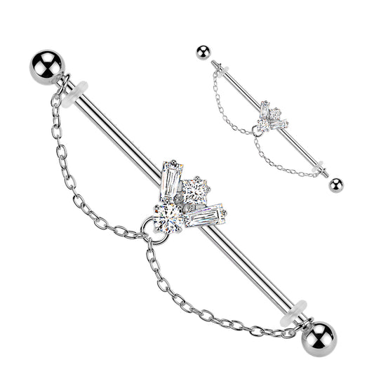 Silver Gem Double Chain Industrial Barbell 14g
