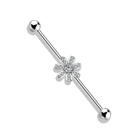 Silver Gem Flower Steel Industrial Barbell 14g
