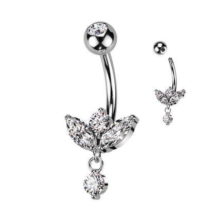 Silver Gold Marquise Gem Dangle Belly Button Bar 14g