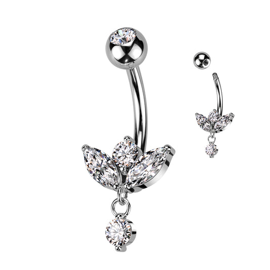 Silver Gold Marquise Gem Dangle Belly Button Bar 14g