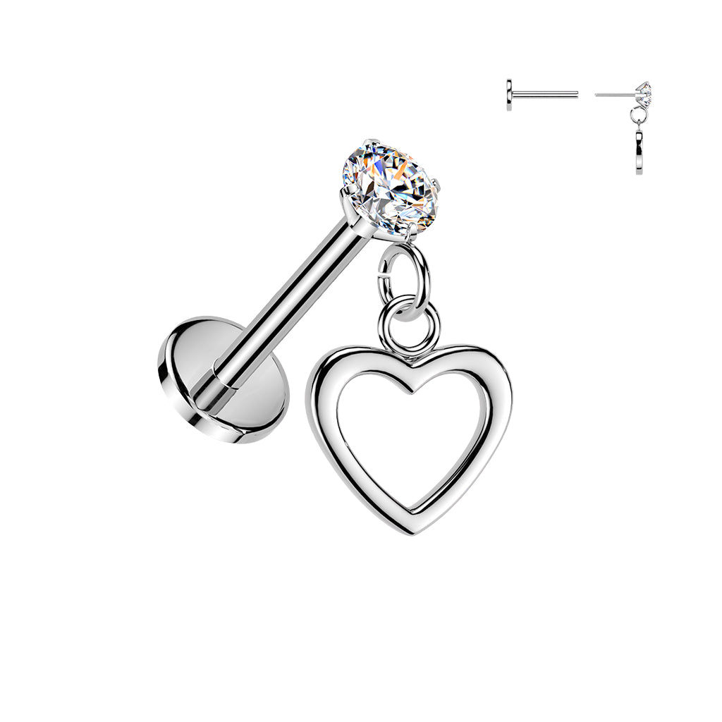 Silver Heart Dangle Threadless Flat Back Stud 18g-16g 