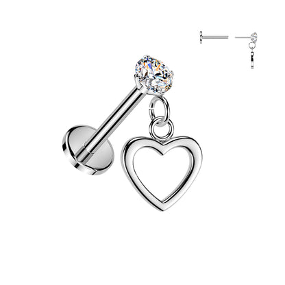 Silver Heart Dangle Threadless Flat Back Stud 18g-16g 