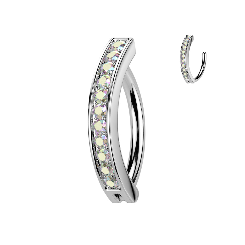 Silver Hinged Clicker Belly Button Bar With AB Paved Gems