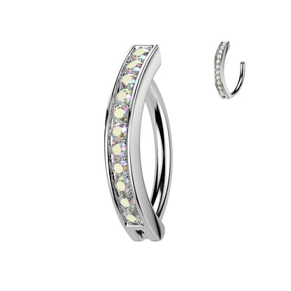 Silver Hinged Clicker Belly Button Bar With AB Paved Gems