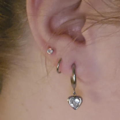 Silver Hinged Clicker Hoop Earrings With CZ Heart Dangle