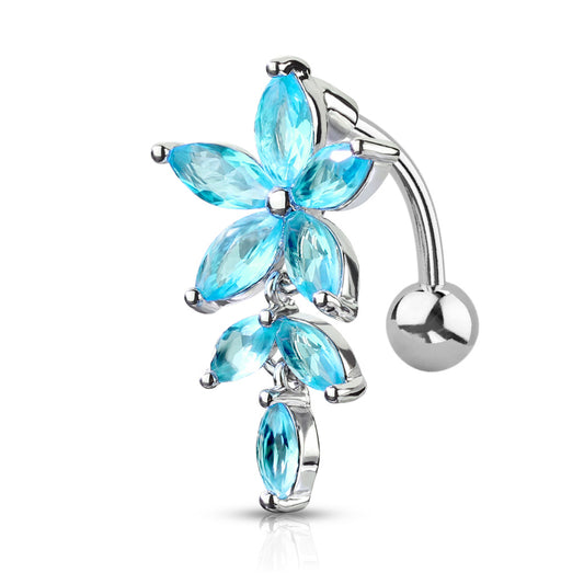 Silver Marquise Blue Gem Flower Vine Dangle Belly Button Bar