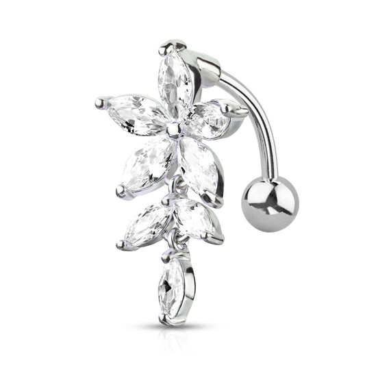 Silver Marquise Clear Gem Flower Vine Dangle Belly Button Bar