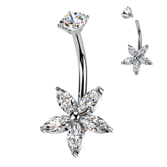 Silver Marquise Flower Gem Belly Button Bar 14g