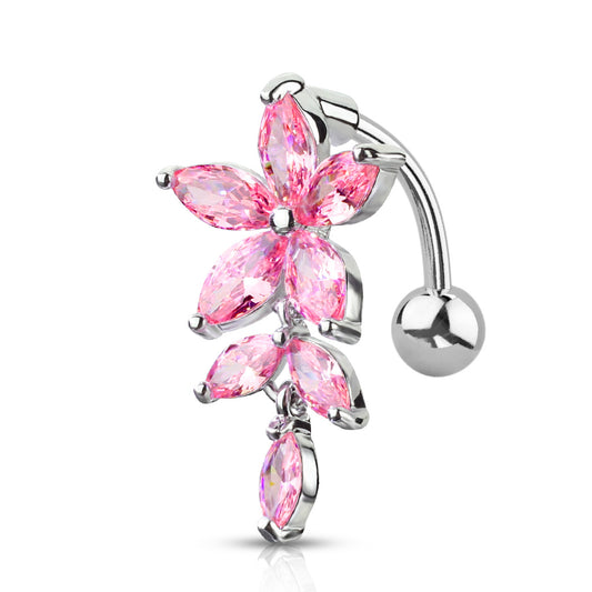 Silver Marquise Pink Gem Flower Vine Dangle Belly Button Bar