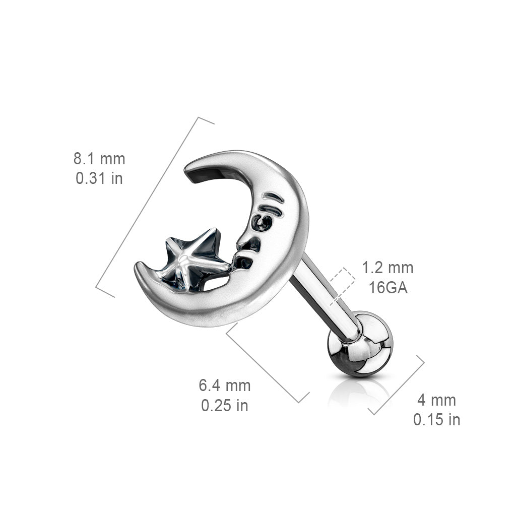 Silver Moon Cartilage Earring Bar Dimensions