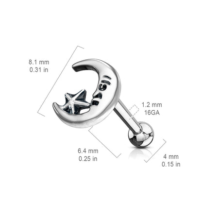 Silver Moon Cartilage Earring Bar Dimensions