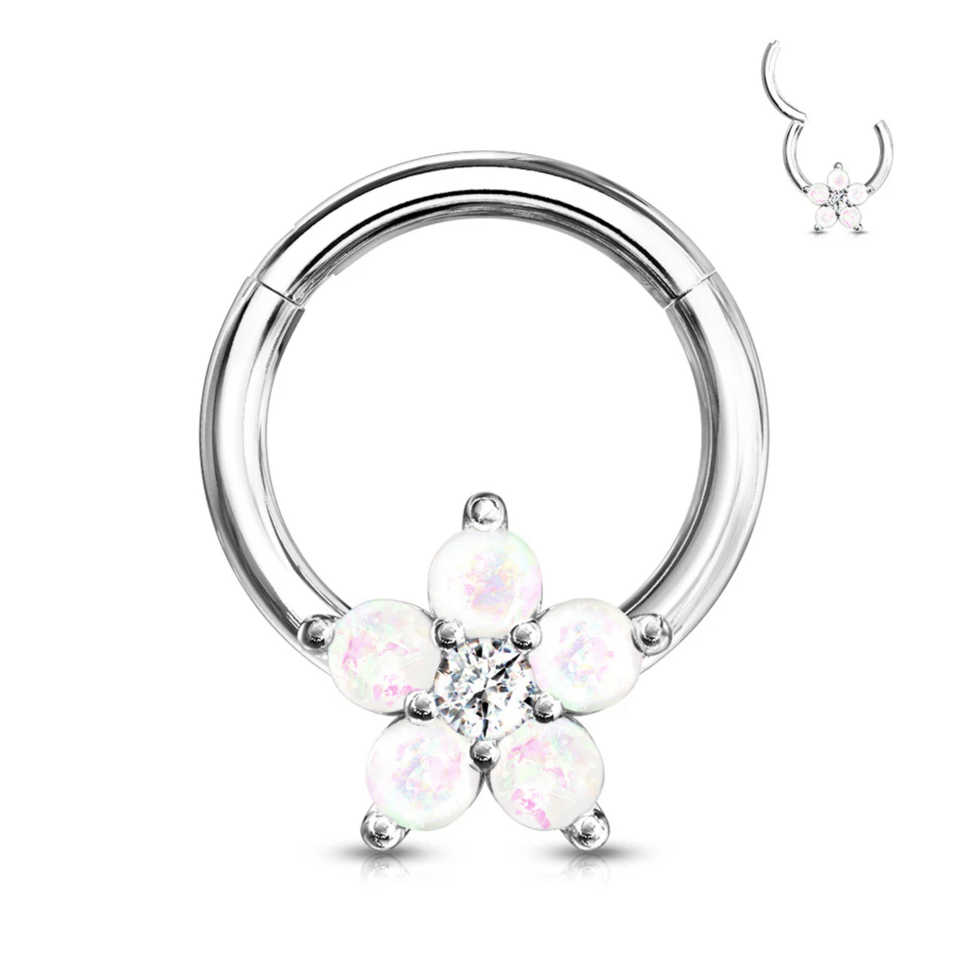 Silver Opal Glitter Flower Hinged Clicker Ring 16g