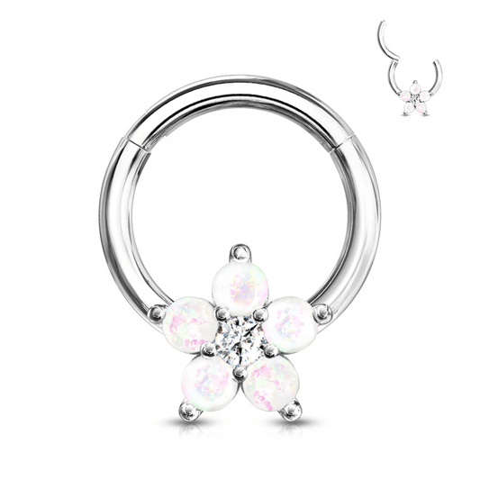 Silver Opal Glitter Flower Hinged Clicker Ring 16g