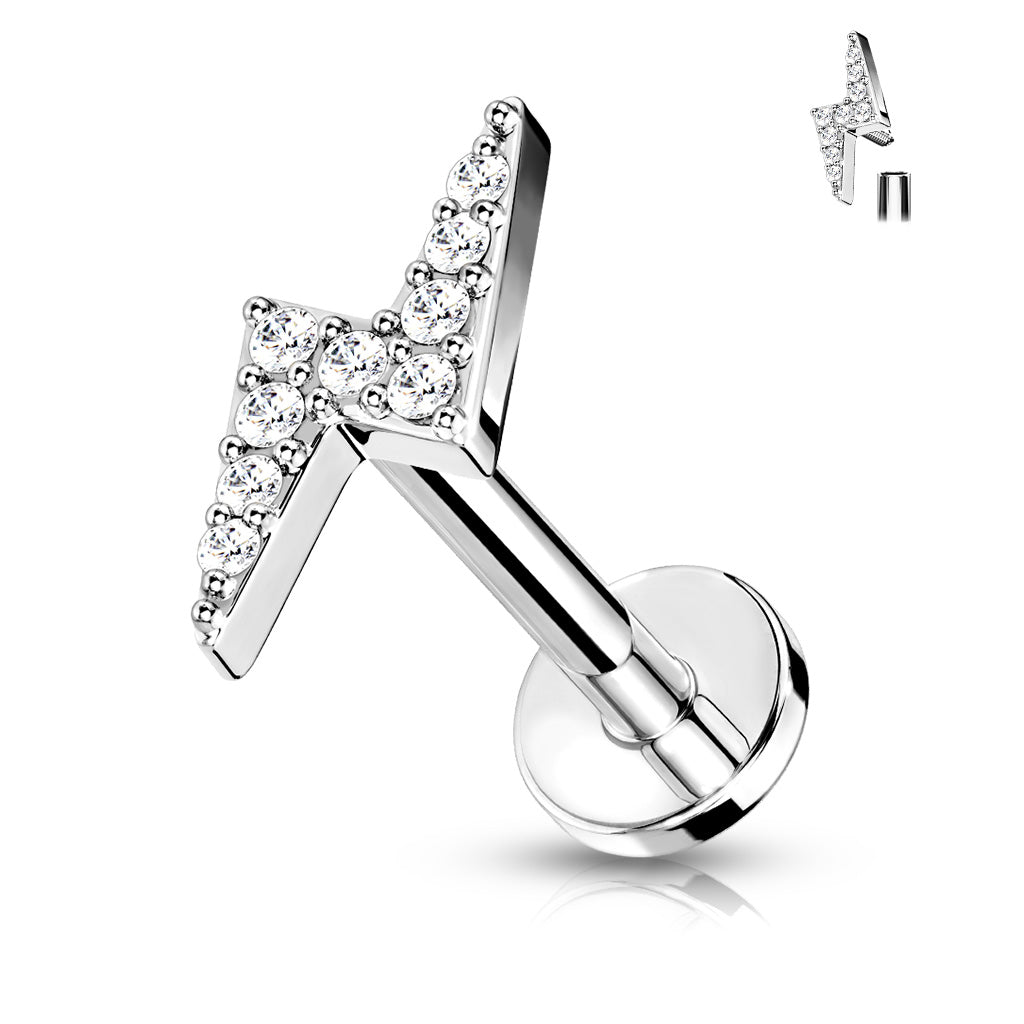 Silver Paved Gem Lightning Bolt Flat Back Earring Stud 16g