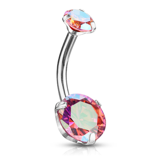 Silver Pink AB Round Gem Internally Threaded Belly Button Bar 14g