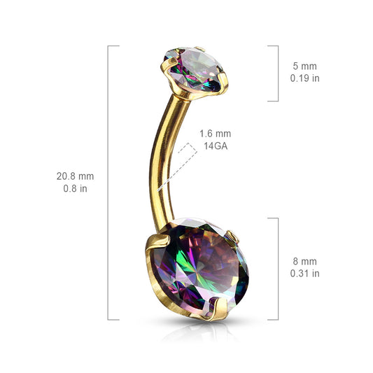Silver Pink AB Round Gem Internally Threaded Belly Button Bar 14g dimensions