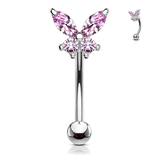 Silver Pink Gem Butterfly Curved Piercing Barbell 16g