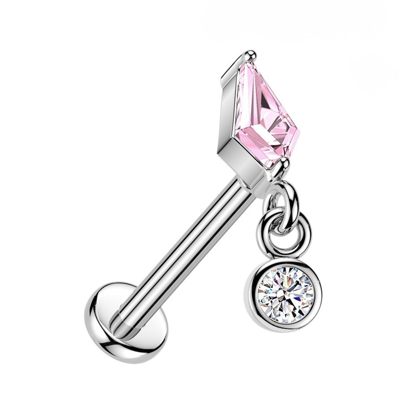 Silver Pink Kite Gem Dangle Threadless Flat Back Stud