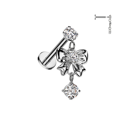 Silver Ribbon Gem Dangle Flat Back Stud 20g-16g