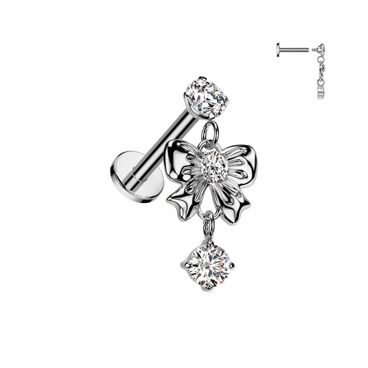Silver Ribbon Gem Dangle Flat Back Stud 20g-16g