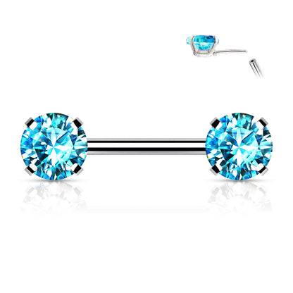 Silver Round Aqua Gems Threadless Nipple Bar 14g