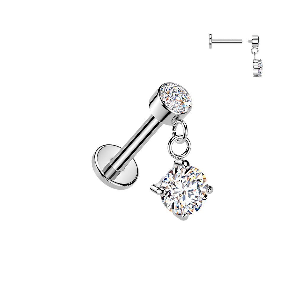 Silver Round Gem Dangle Flat Back Stud 16g 