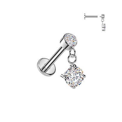 Silver Round Gem Dangle Flat Back Stud 16g 
