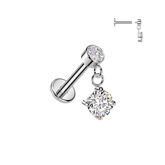 Silver Round Gem Dangle Flat Back Stud 16g 