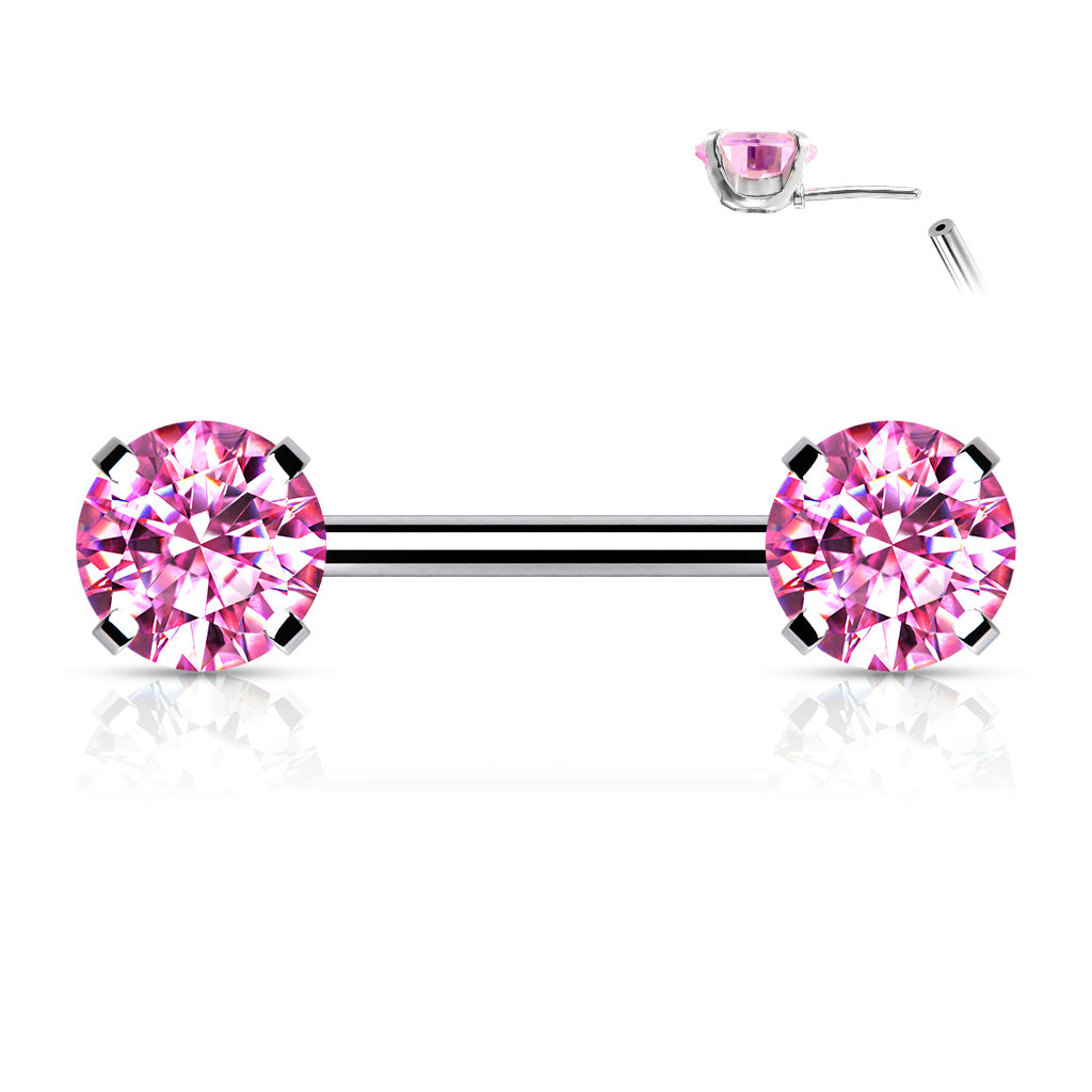 Silver Round Pink Gems Threadless Nipple Bar 14g