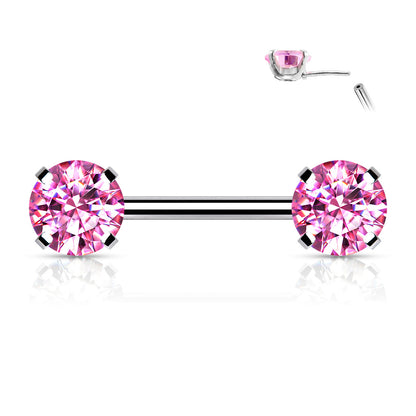 Silver Round Pink Gems Threadless Nipple Bar 14g