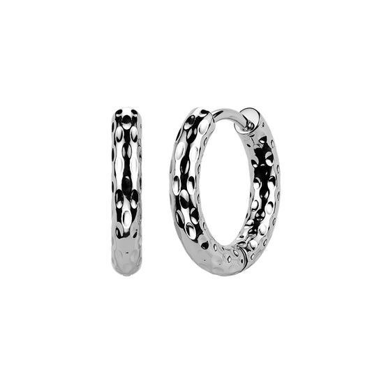 Silver Stainless Steel Hammered Huggie Hoop Earrings