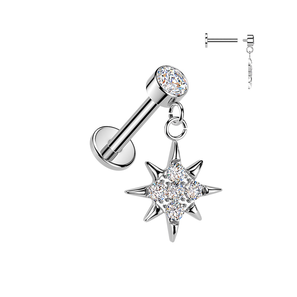 Silver Starburst Gem Dangle Flat Back Stud 16g