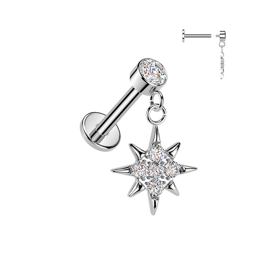 Silver Starburst Gem Dangle Flat Back Stud 16g