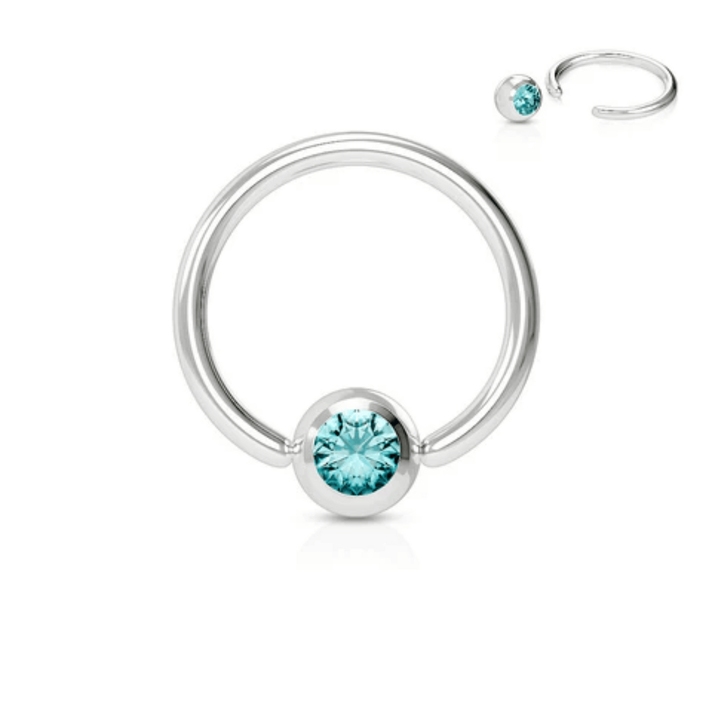 Silver Steel Aqua Blue Gem Ball Captive Bead Ring
