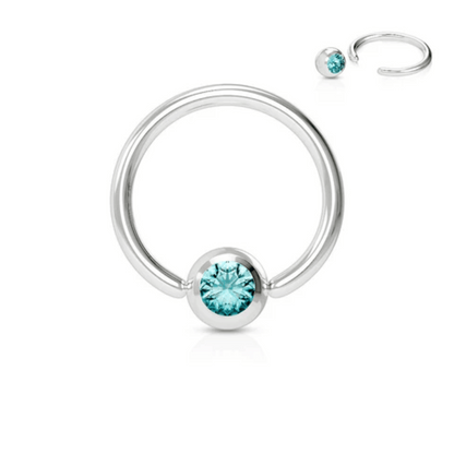 Silver Steel Aqua Blue Gem Ball Captive Bead Ring