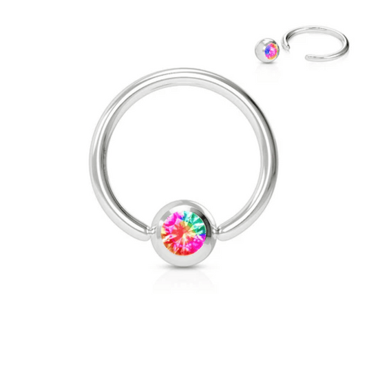 Silver Steel Aurora Borealis Gem Ball Captive Bead Ring