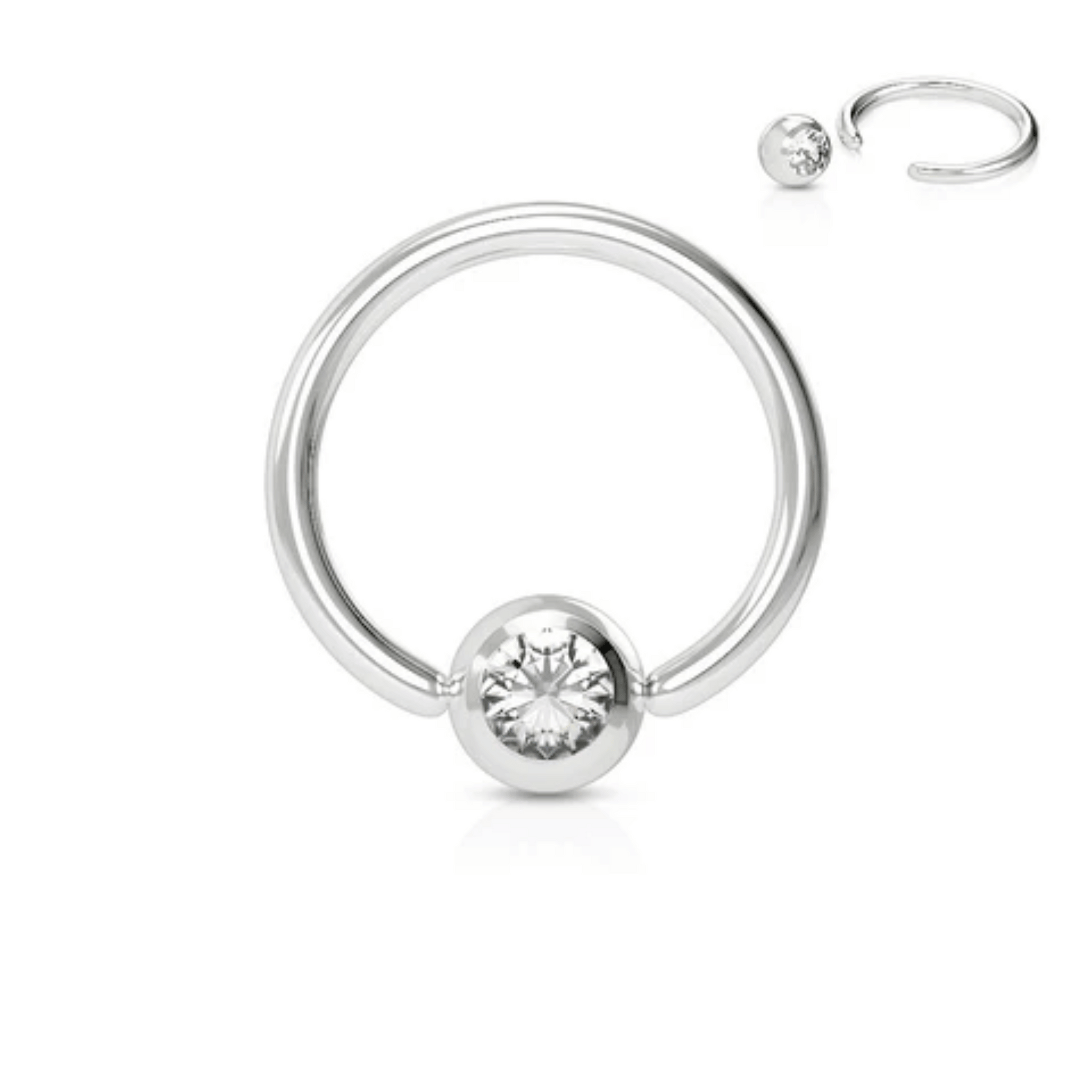 Silver Steel Clear Gem Ball Captive Bead Ring