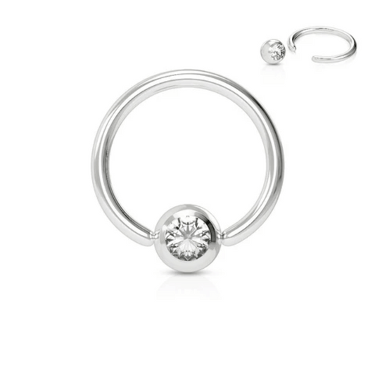 Silver Steel Clear Gem Ball Captive Bead Ring