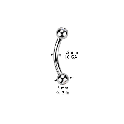 Silver Steel Clear Gem Ball Curved Barbell 16g dimensions