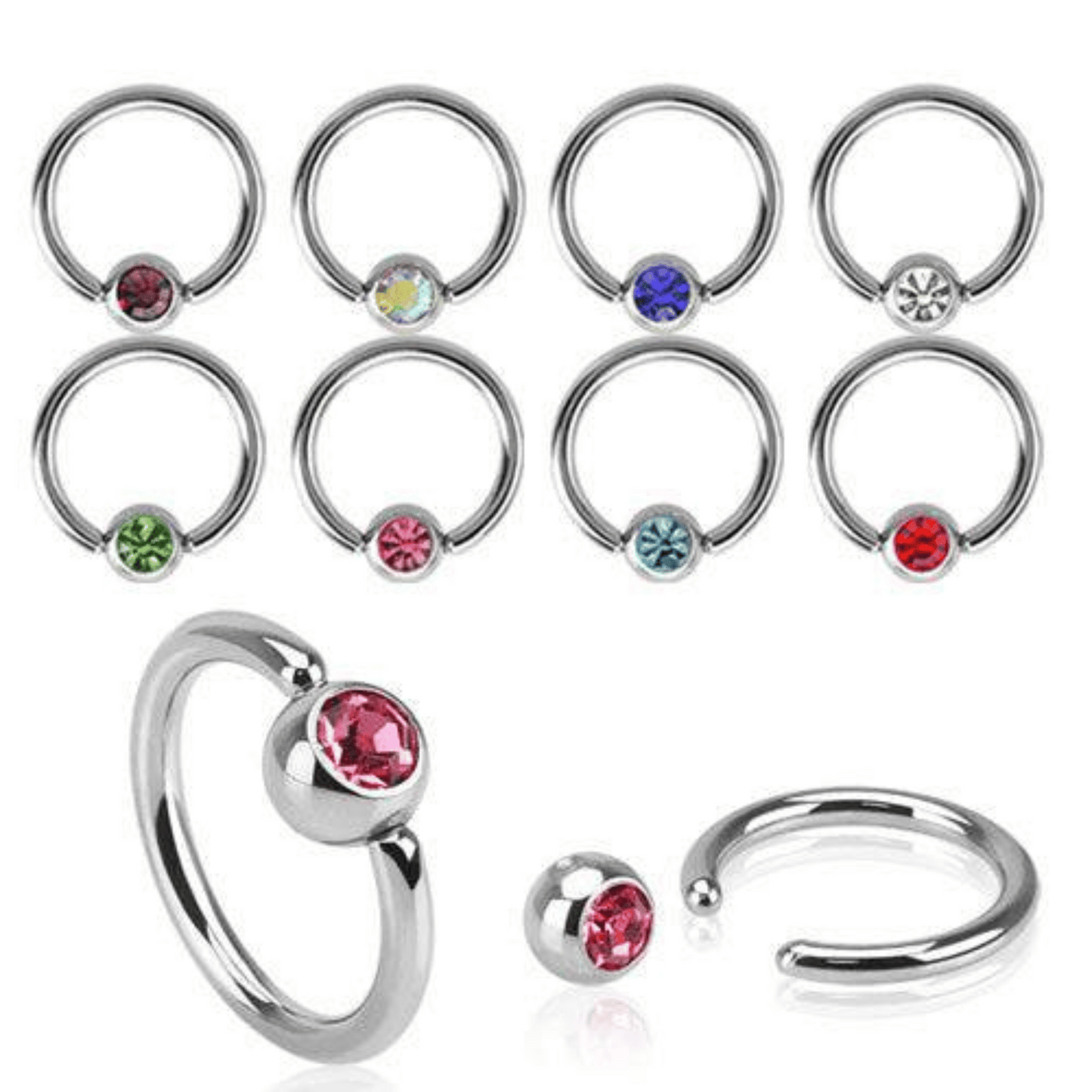 Silver Steel Gem Ball Captive Bead Ring