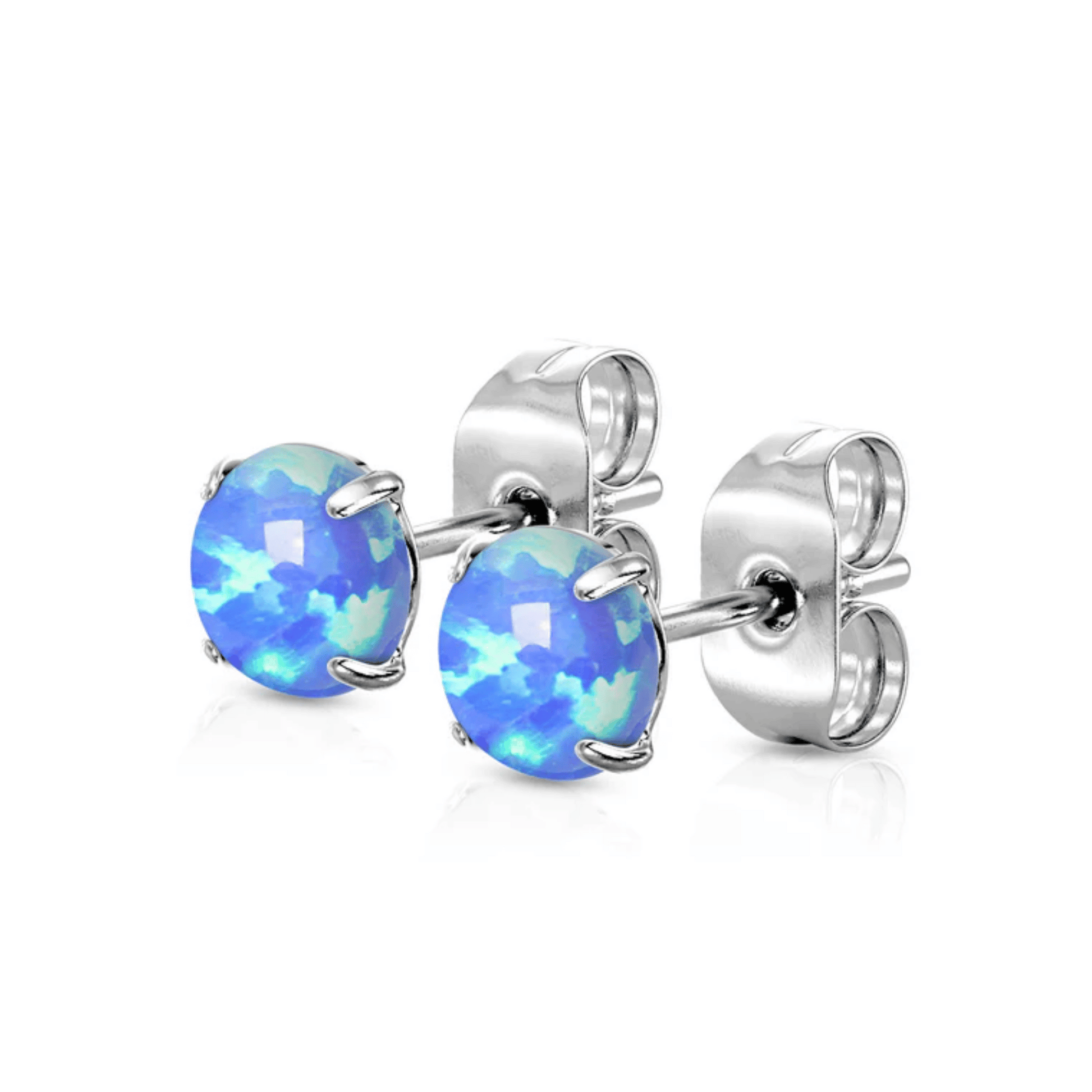 Silver Steel Prong Set Opal Stud Earrings Blue Opal