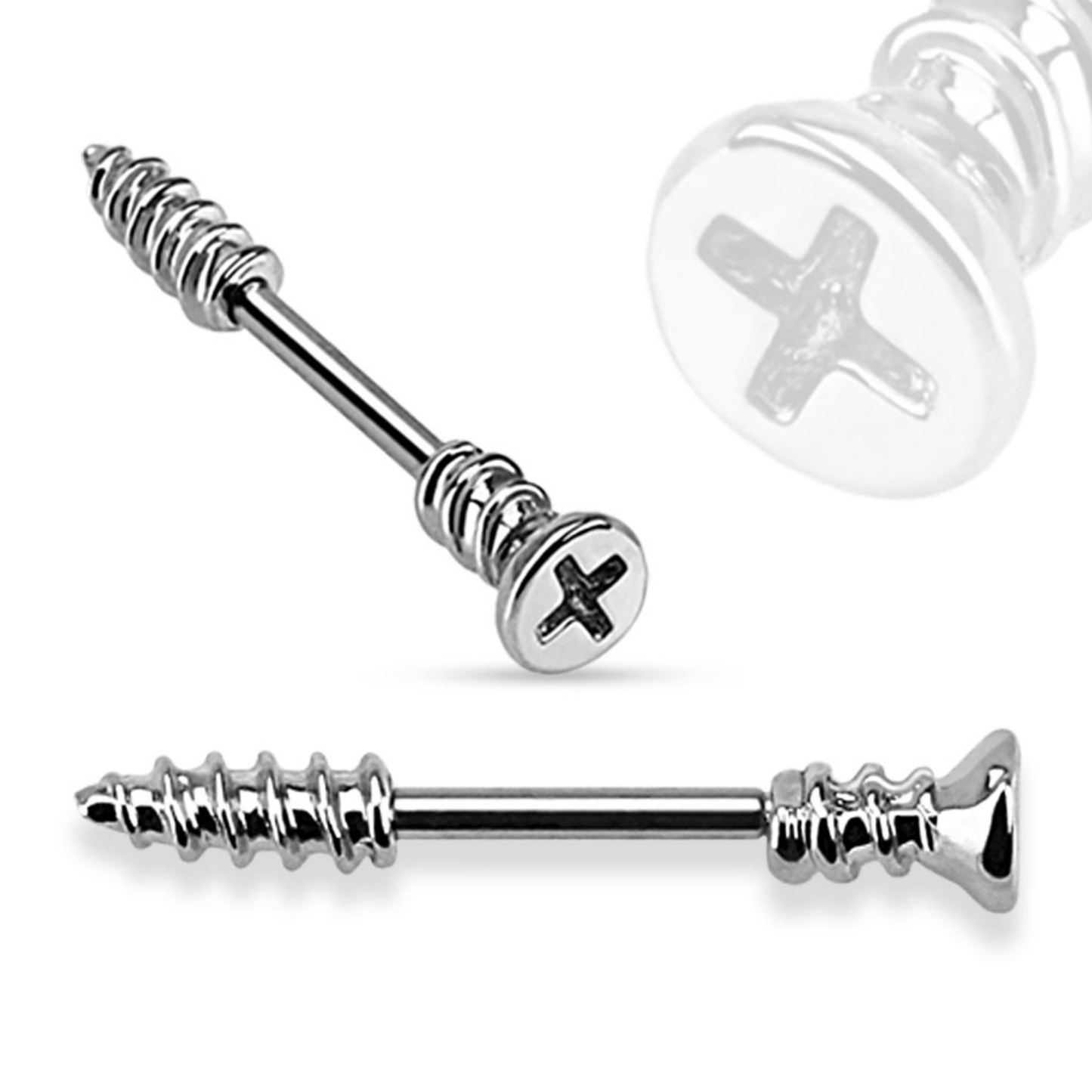 Silver Screw Nipple Piercing Barbell Ring 14g
