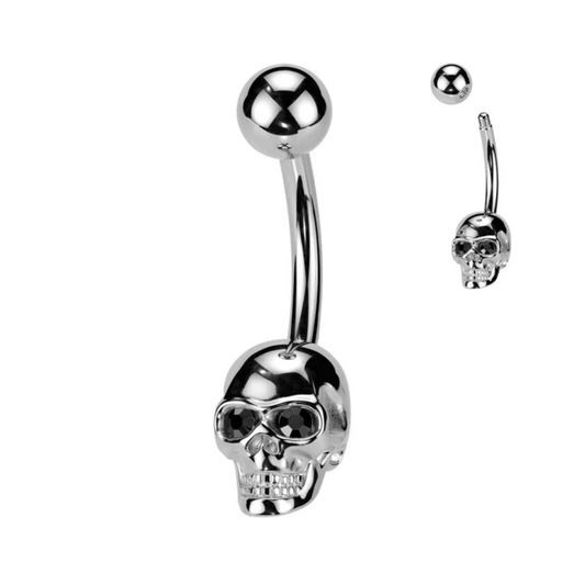 Silver Steel Skull Gem Eyes Belly Button Bar 14g