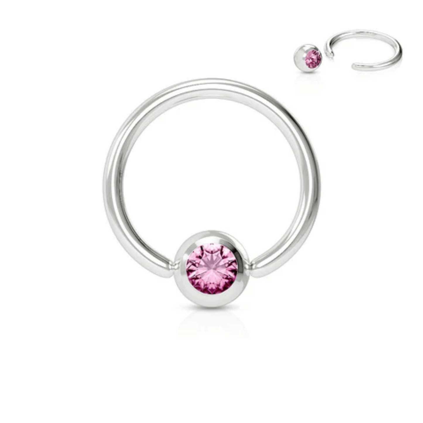 Silver Steel Sweet Pink Gem Ball Captive Bead Ring