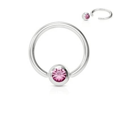 Silver Steel Sweet Pink Gem Ball Captive Bead Ring