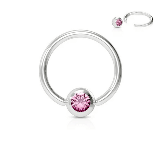 Silver Steel Sweet Pink Gem Ball Captive Bead Ring