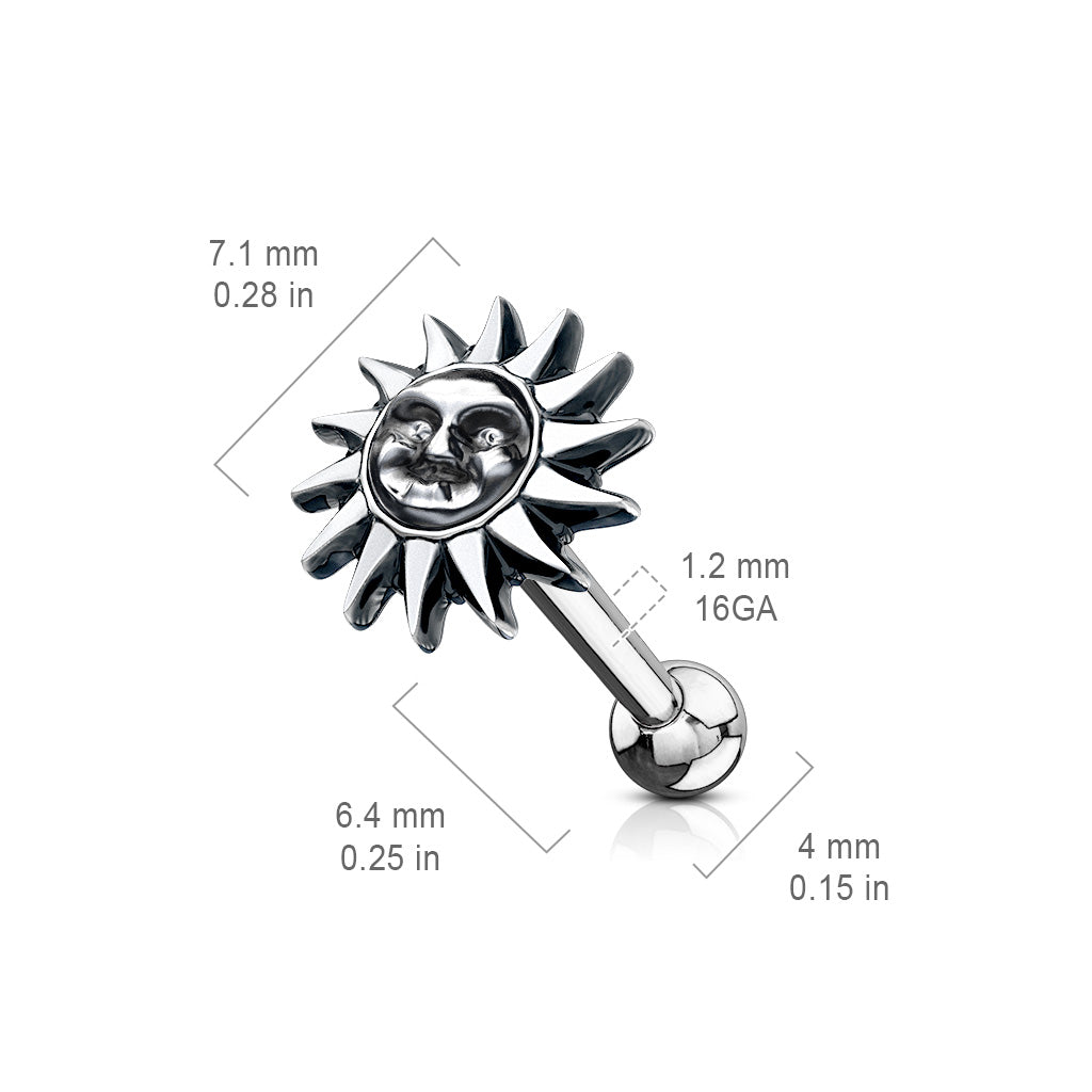 Silver Sun Cartilage Earring Bar Dimensions