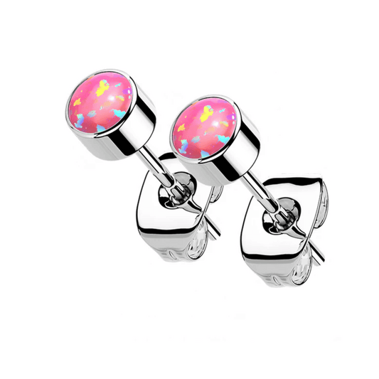 Silver Titanium Bezel Set Pink Opal Stud Earrings