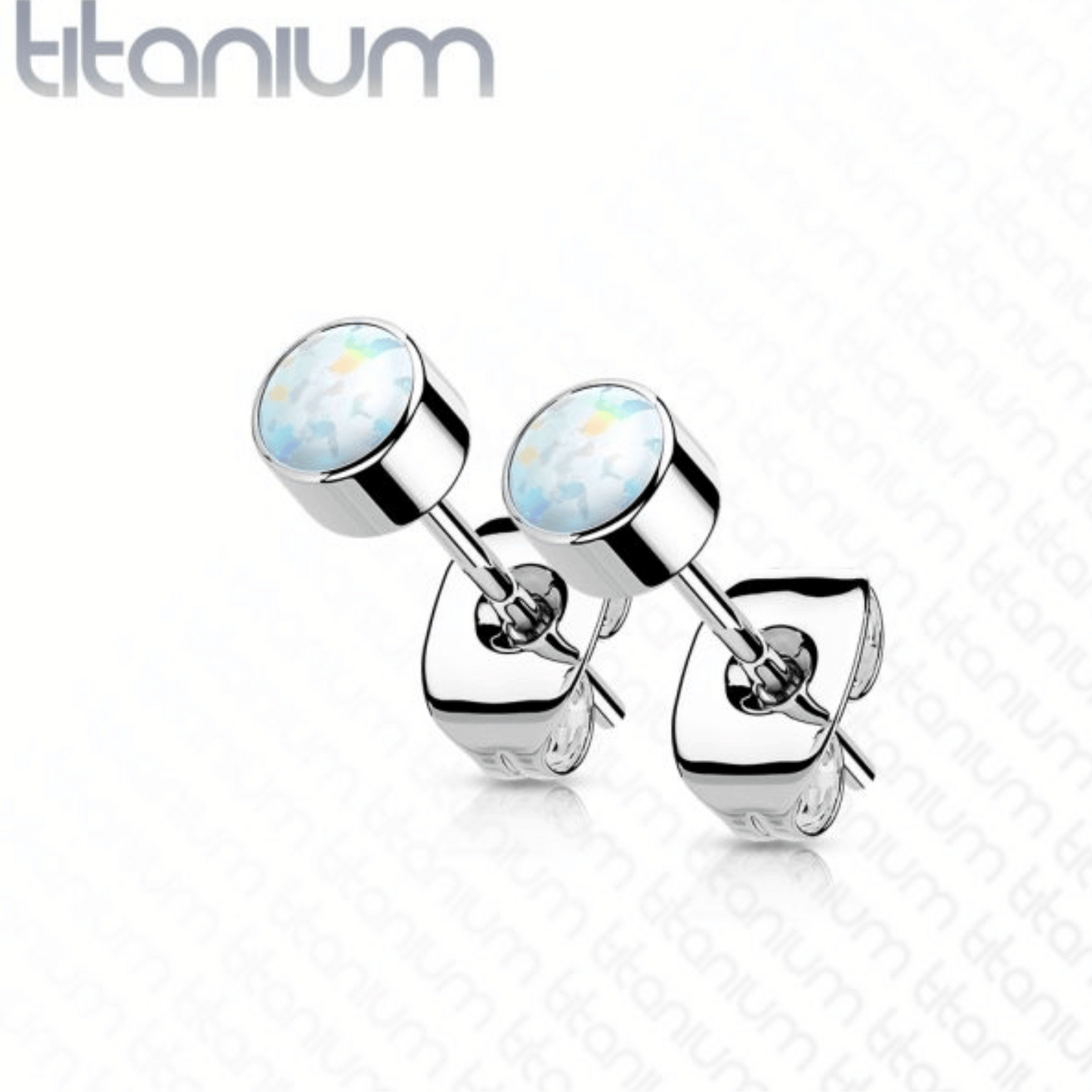 Silver Titanium Bezel Set White Opal Stud Earrings