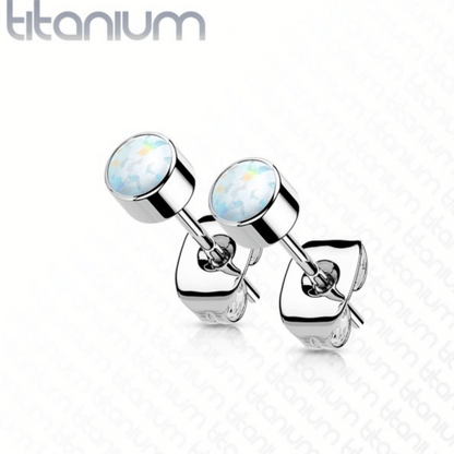Silver Titanium Bezel Set White Opal Stud Earrings